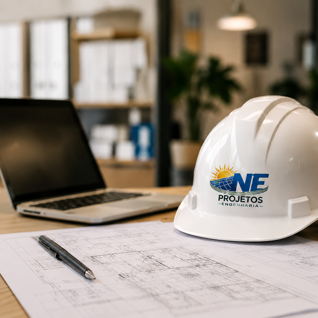 Mesa de engenharia com capacete, computador e projeto técnico
